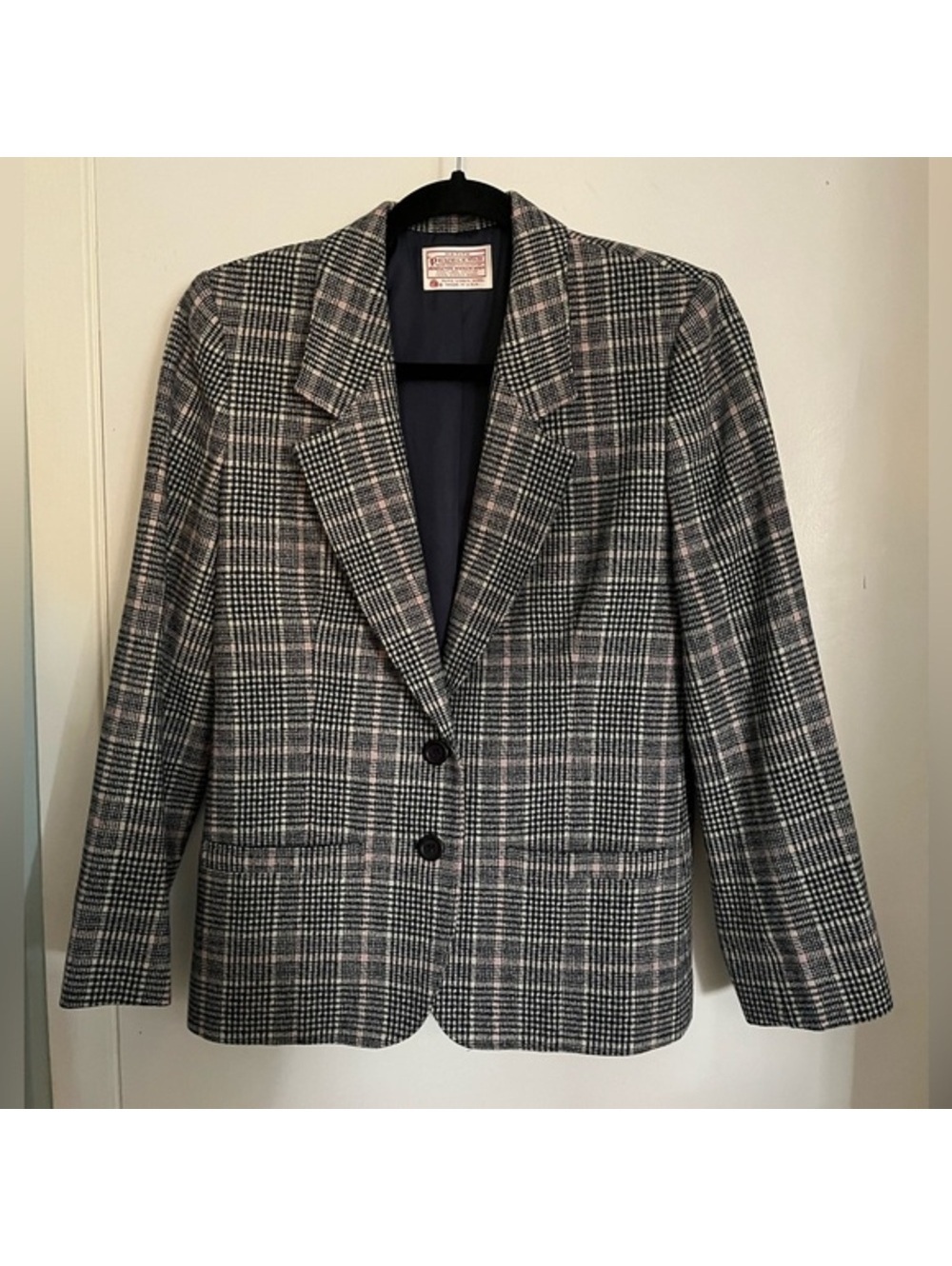 Pendleton Black & Pink Glen Plaid 100% Wool Blazer Jacket (Bust 39”)
